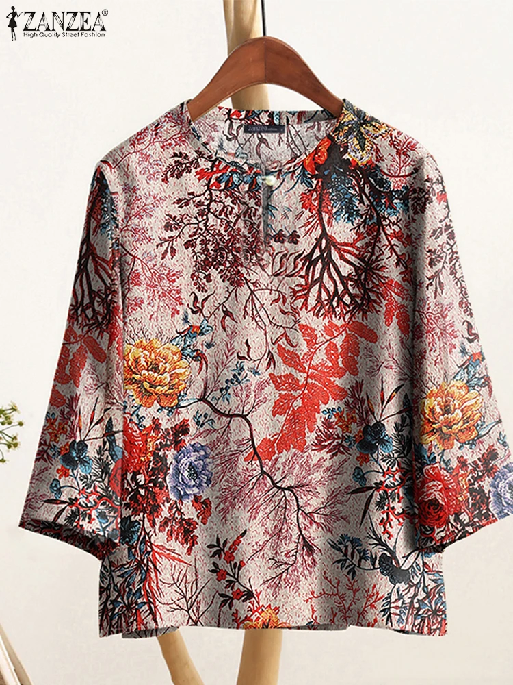 2025年秋プリントブラウス ZANZEA レトロホリデーシャツ レディース ボヘミアン Oネック 七分袖トップス カジュアルワークブラウス チュニック 女性用