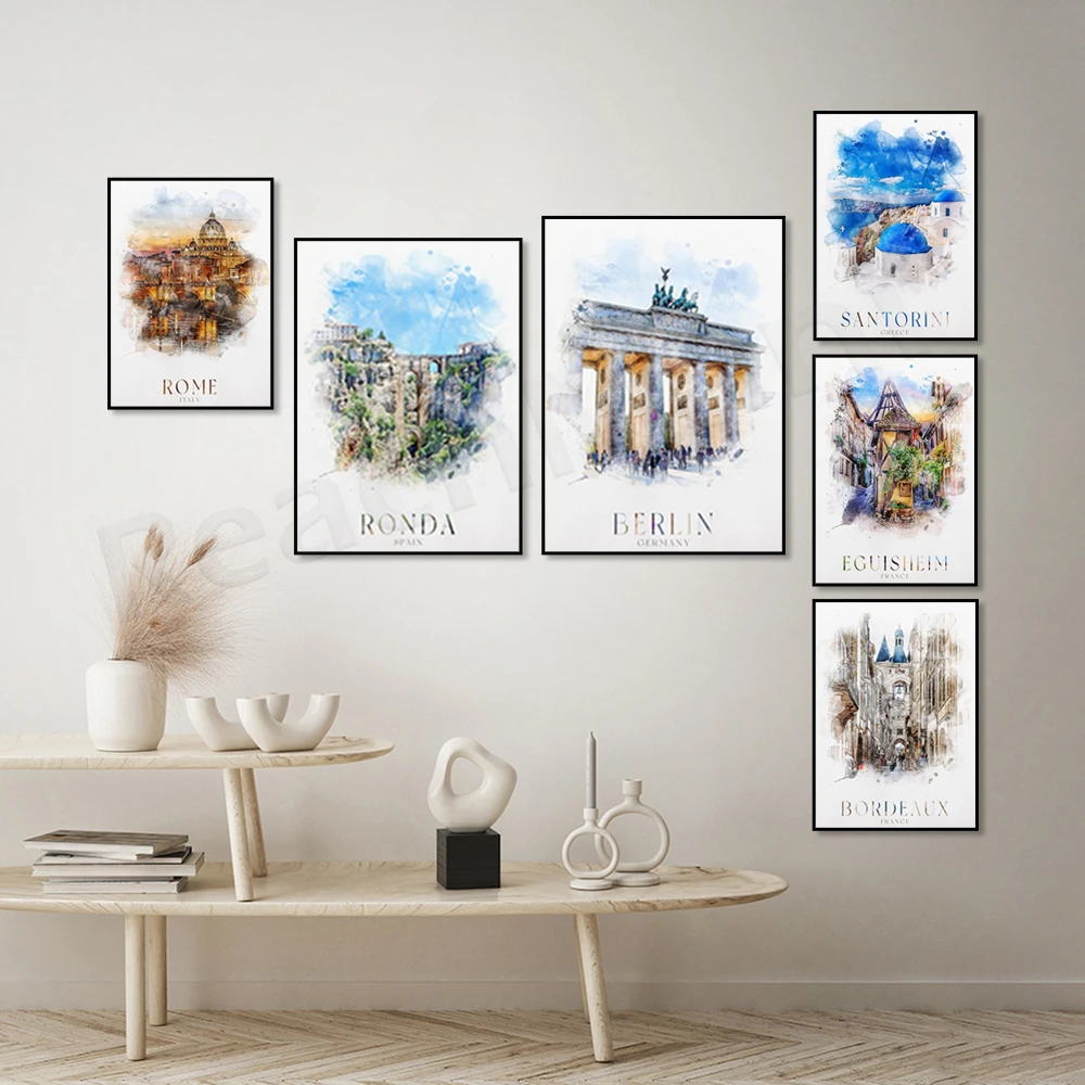 Rome Italy  Barcelona  Bordeaux  Gordes France  Berlin  Seville  Madrid  Athens  Ronda Spain  Santorini watercolor travel poster