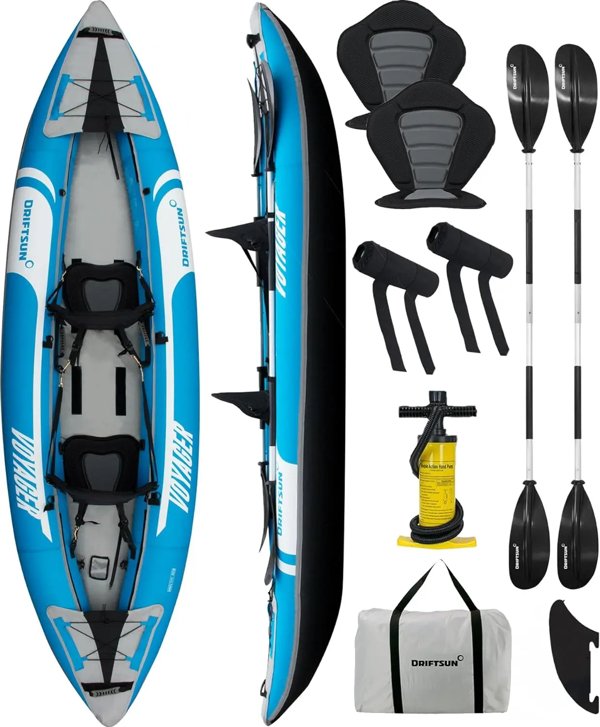 

Voyager Inflatable Kayak 2 Person Tandem, Foldable Kayaks for Adults includes 2 Aluminum Paddles, 2 Padded Seats, Double