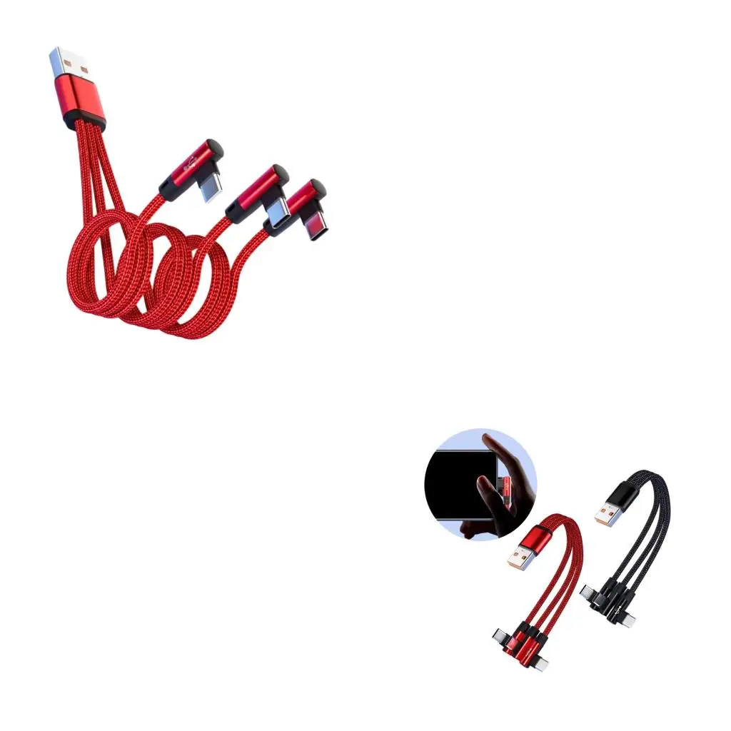  3-Way Type C Charging Cable, 3-in-1 USB-A Fabric Cord with Right-Angle Ends for Shared Desk and Bedside Charging