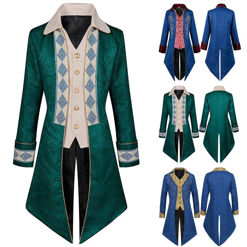 Men's Retro Steampunk Tuxedo Coat Lapel Print Button Gothic Victoria Carnival Dress Coat Stage Performance Cosplay Costumes