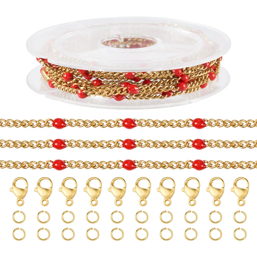 

1M DIY Chain Bracelet Necklace Making Kit Colorful Stainless Steel Enamel Curb Chains with Jump Rings & Clasps 2.5x2x0.8mm