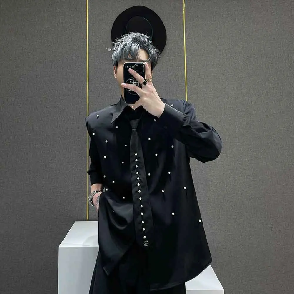 Men Autumn Shirt Tie Pearl Stitching Shoulder Pad Casual Shirt Streetwear Fashion Nightclub Stage Performance Top Men'S Clothing