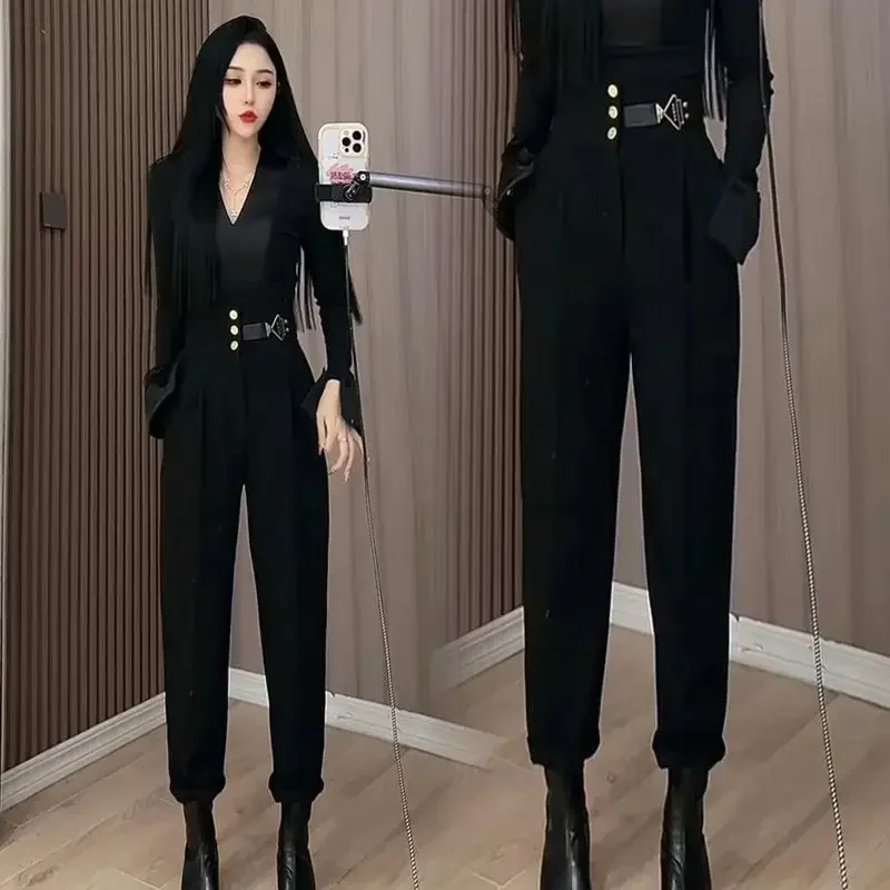 

Woman Tailoring Trousers Autumn Winter High Waist Loose Harem Pants Black Buttons Baggy Slacks Casual Nylon Cotton Xxl JJ218