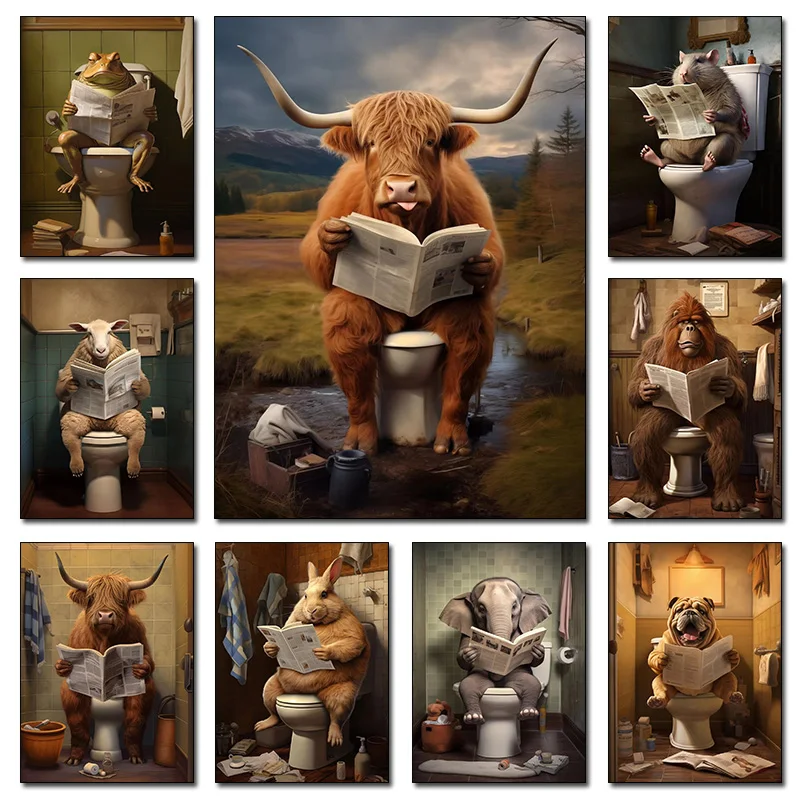 Highland Cow Sheep Mouse Sitting on The Toilet Reading Newspaper Poster Animal Print Canvas Painting Funny Bathroom Wall Deco
