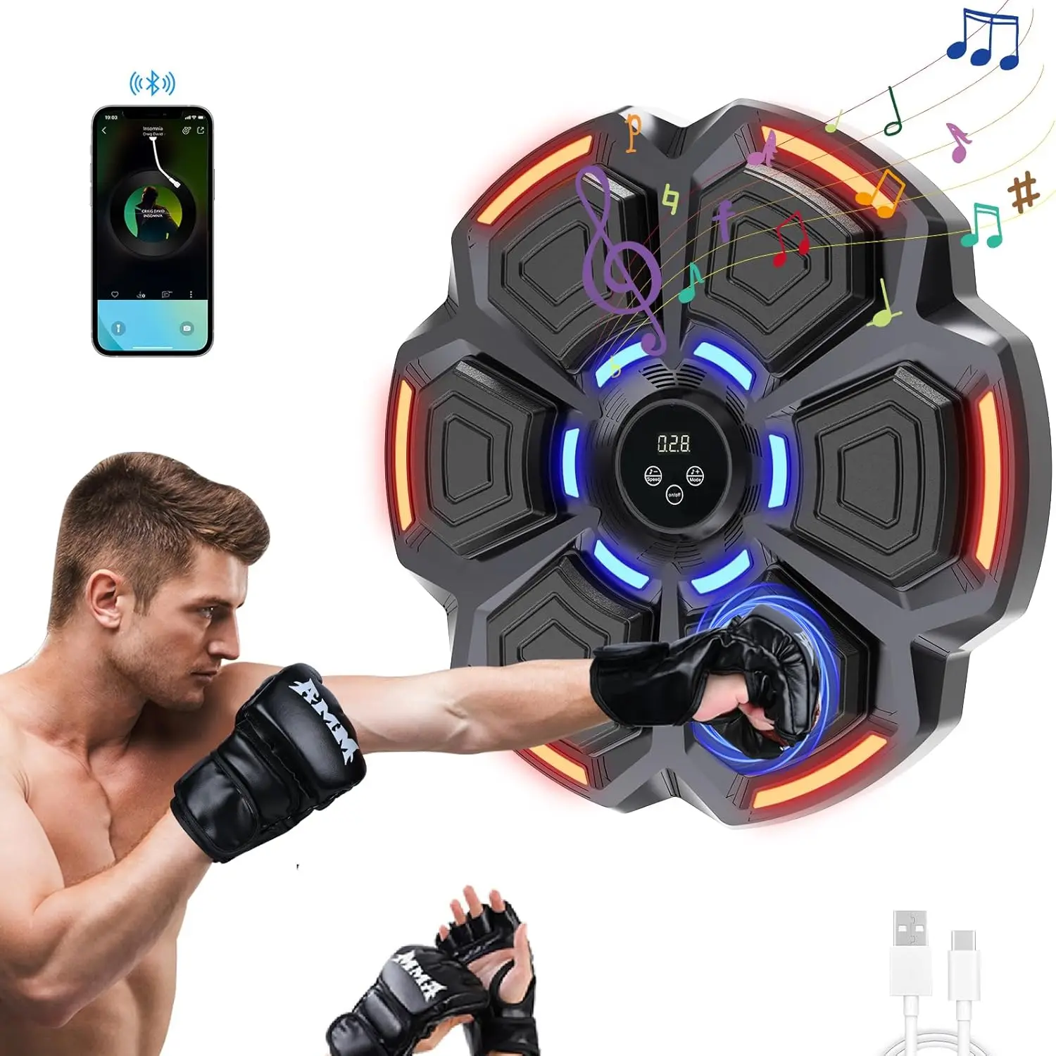 Music Boxing Machine for Adults, Bluetooth Music Punching Machine with Gloves, Electronic LED Boxing Training Equipment Wall Mou