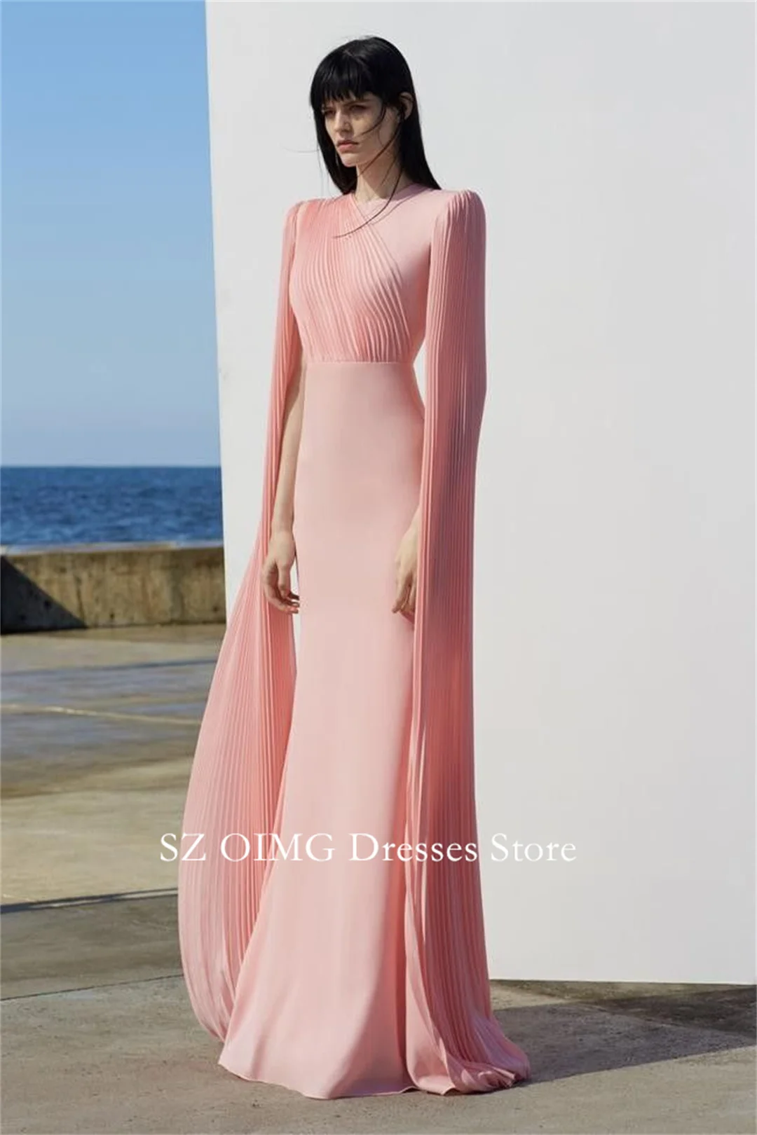 

Colavis High Neck 2024 New Women's Maxi Pink Customized Prom Dress Full Sleeves Fashion Ruched Celebrity Vintage Party Dress