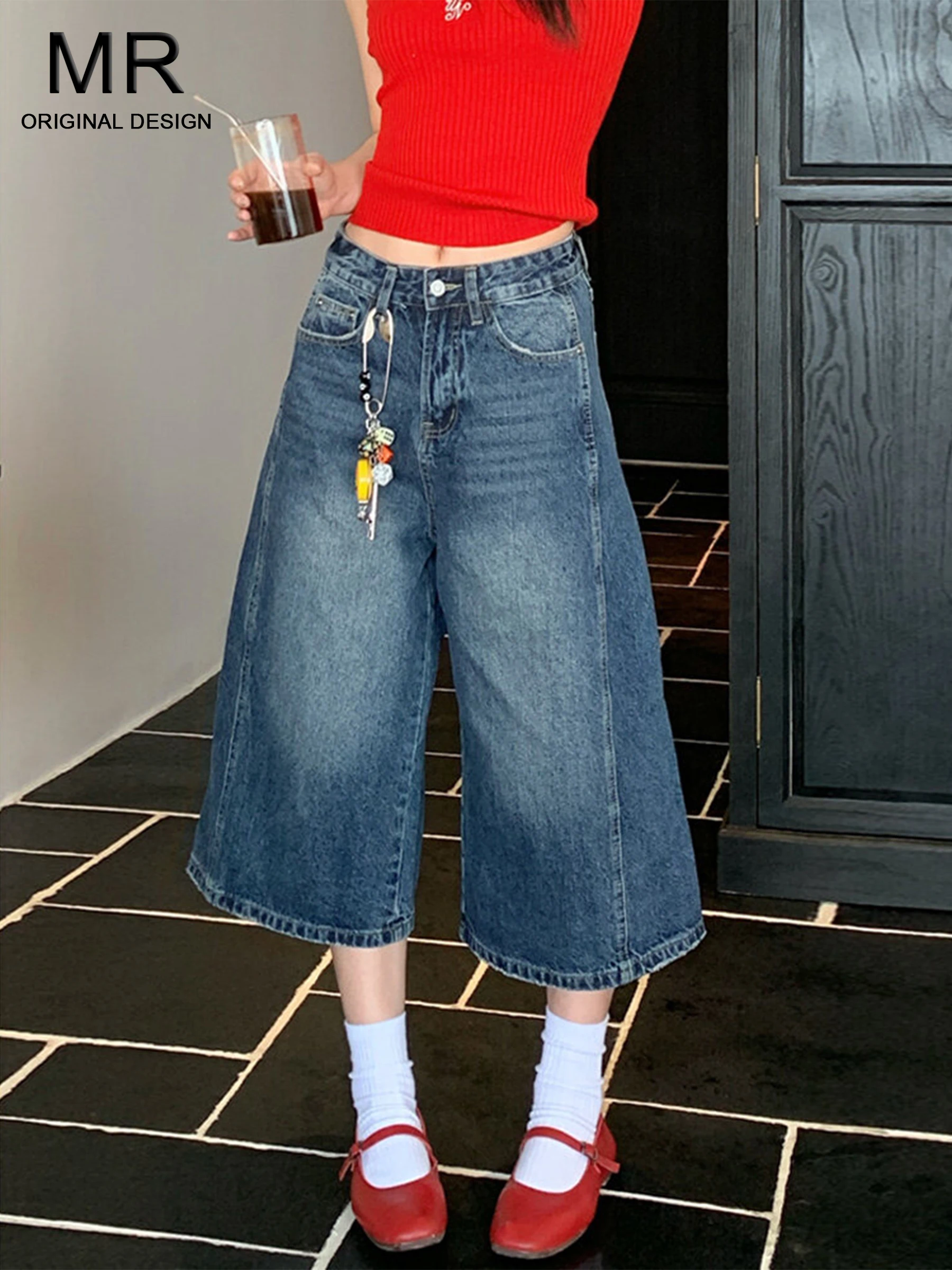 

Американские джинсы с высокой талией и эффектом потертости, женские летние свободные прямые брюки средней длины, повседневные штаны