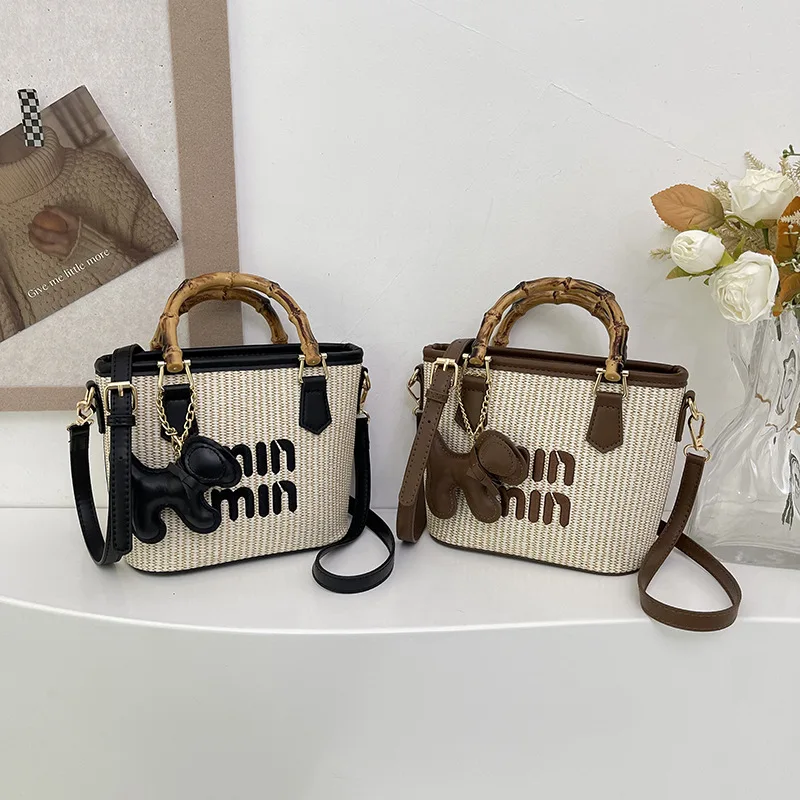 

Handbags for Women 2025 Spring Fashion Straw Woven Bamboo Vegetable Basket Bucket Shoulder Bag Luxury Designer Handbag