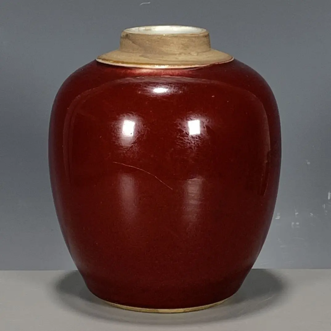 Vintage Qing Dynasty Kiln Porcelain Mini Jar, Langhong Red Monochrome Glaze with Double Circle Underglaze Base Mark