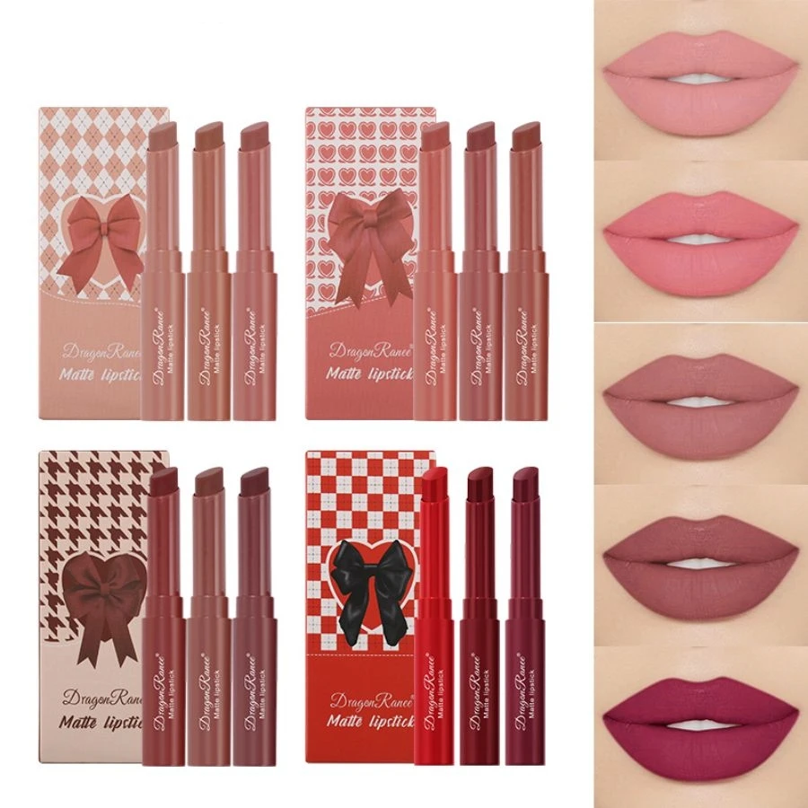 Three Lip Glaze Set,ลิปสติกเนื้อแมทกํามะหยี่ติดทนนาน,ลิปกลอสเนื้อแมตต์อเนกประสงค์ไม่ซีดจางไม่ติด