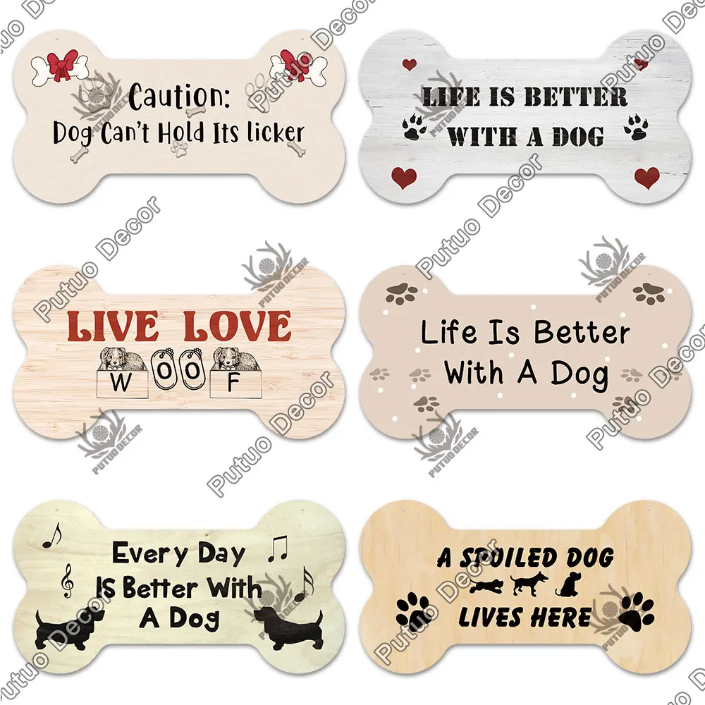 Putuo Decor-Pet Bone Sign Plaque, Wood Lovely Love, Friendship Hanging Plaque for Kennel Decoration, Wall Decor, Pooch Tag Gifts