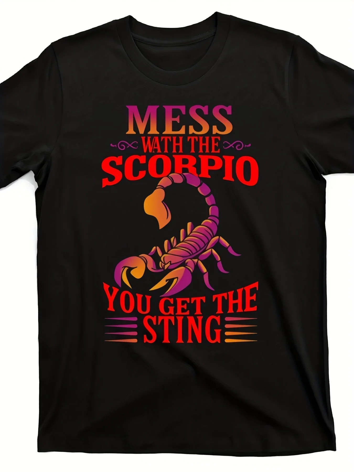 Men's & Women's Scorpio Zodiac T-Shirt - Scorpio Symbol & Astrological Sign Graphic, Black with Red/Purple/Yellow Scorpion Print, 220GSM Heavyweight Crewneck Tee for Scorpio Season Birthdays, Unisex Casual Shirt