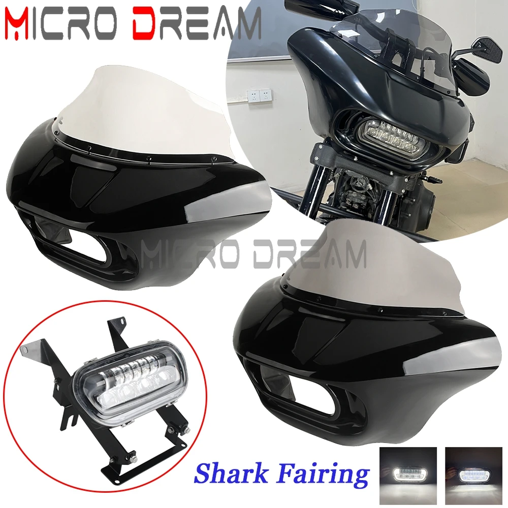 For Harley Softail Fat Bob FXFBS FXFB Club Style Shark LED Light Front Headlight Fairing Cover Windshield Clear/Smoke 2018-2024