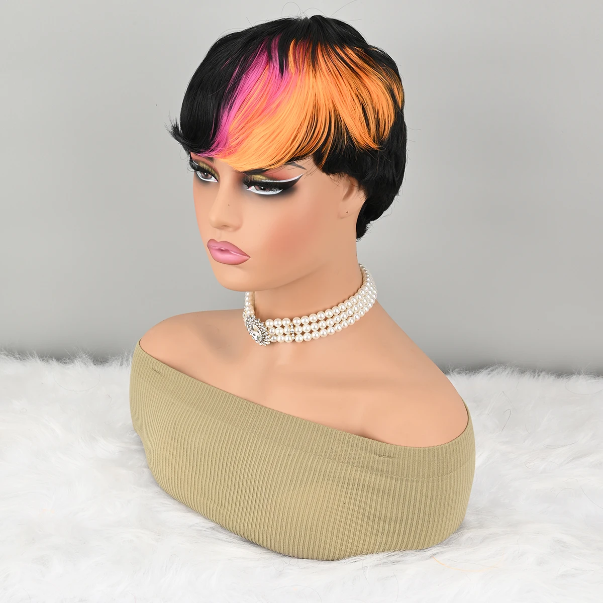 Peruca curta bob para preto amarelo e rosa pixie perucas sintéticas peruca sem cola nenhuma peruca frontal com franja natural preto reto completo