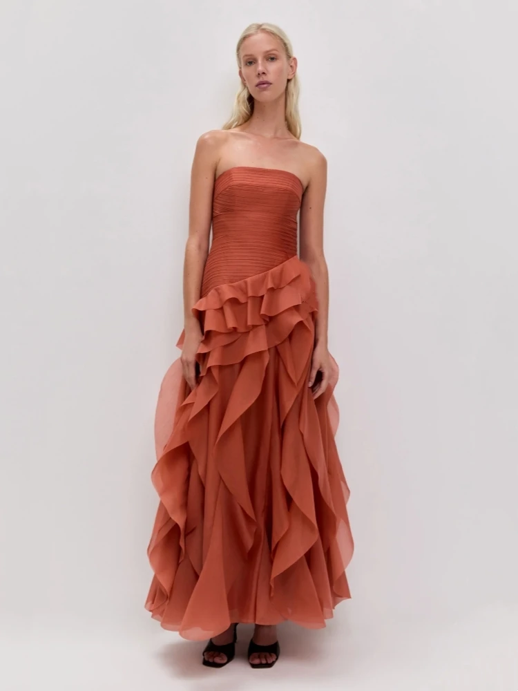 Sexy Strapless Ruffles Patchwork Long Dress Women Sleeveless Backless Tiered Ruffled A-line Dresses Evening Party Gowns