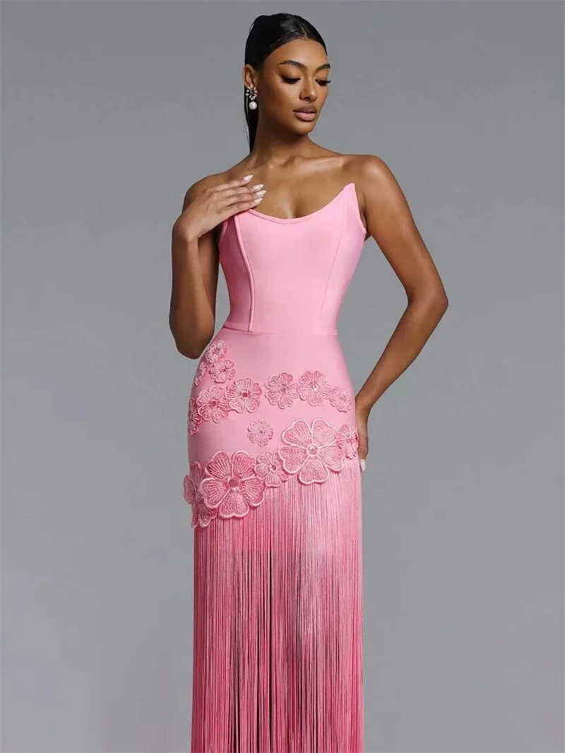 

Elegant Pink Tassel Prom Dress Sexy Strapless Sleeveless 3D Flower Long Sheath Party Gown Formal Wedding Birthday Evening Robe