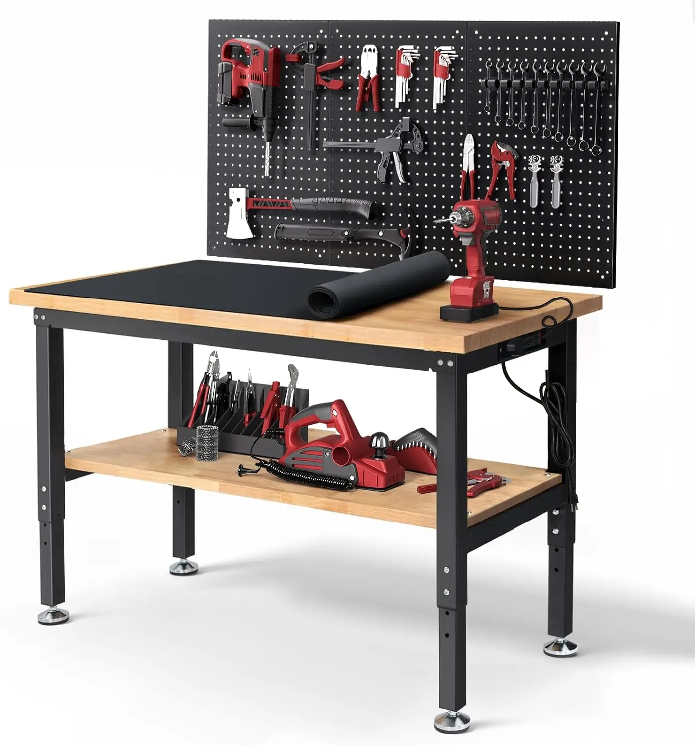 

48 Inch Adjustable Height Workbench with Storage, Power Outlets, and Pegboard for Garage, Woodworking Shop