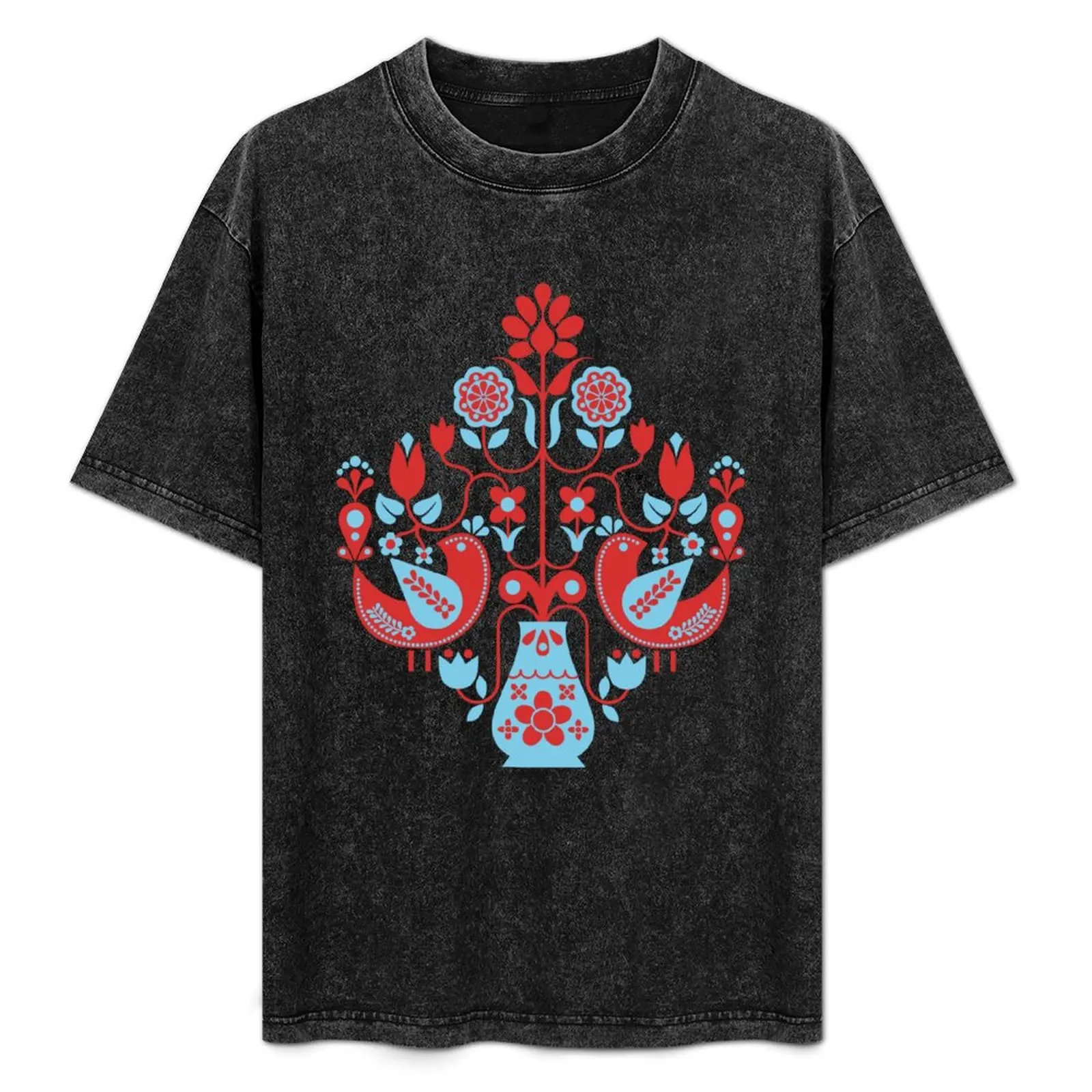 

Swedish Scandi Mod Retro Floral With Birds - Blue & Red T-Shirt Basic Crew Neck Short Sleeve Top