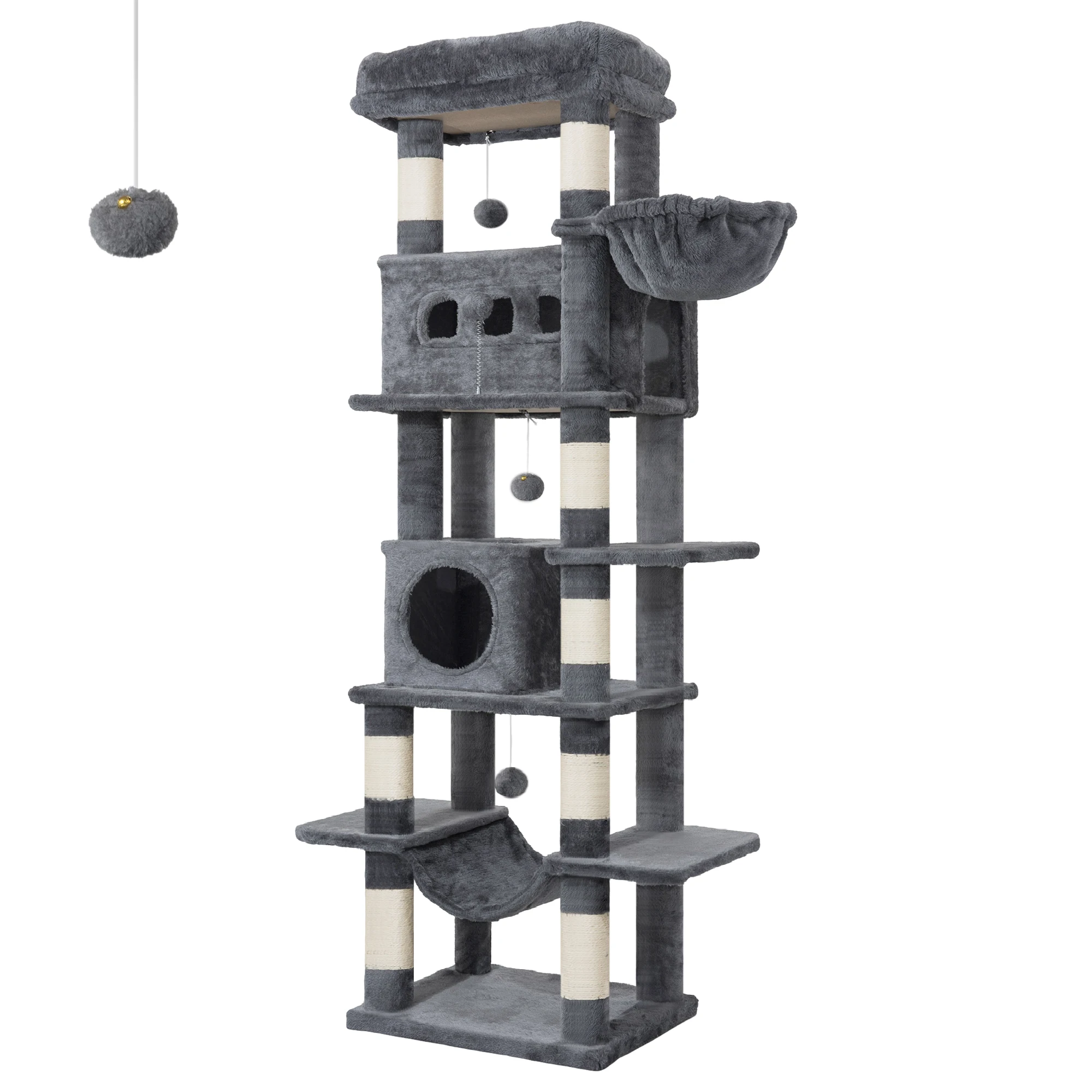 Grote krabpalen voor katten, 170 cm hoog, uitgerust met 8 krabpalen, 2 kattenbedden, een groot platform, een wasbare mat, een hangmat