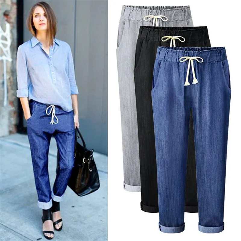 Plus size Jeans 2026 Casual Loose Elastic Waist Loose denim Trousers Women Autumn Solid Color Cotton   baggy jeans women 6XL