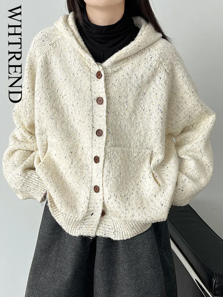 

WHTREND шерстяной мягкий вязаный кардиган с капюшоном, осень-зима, новый свободный свитер для женщин WH1858