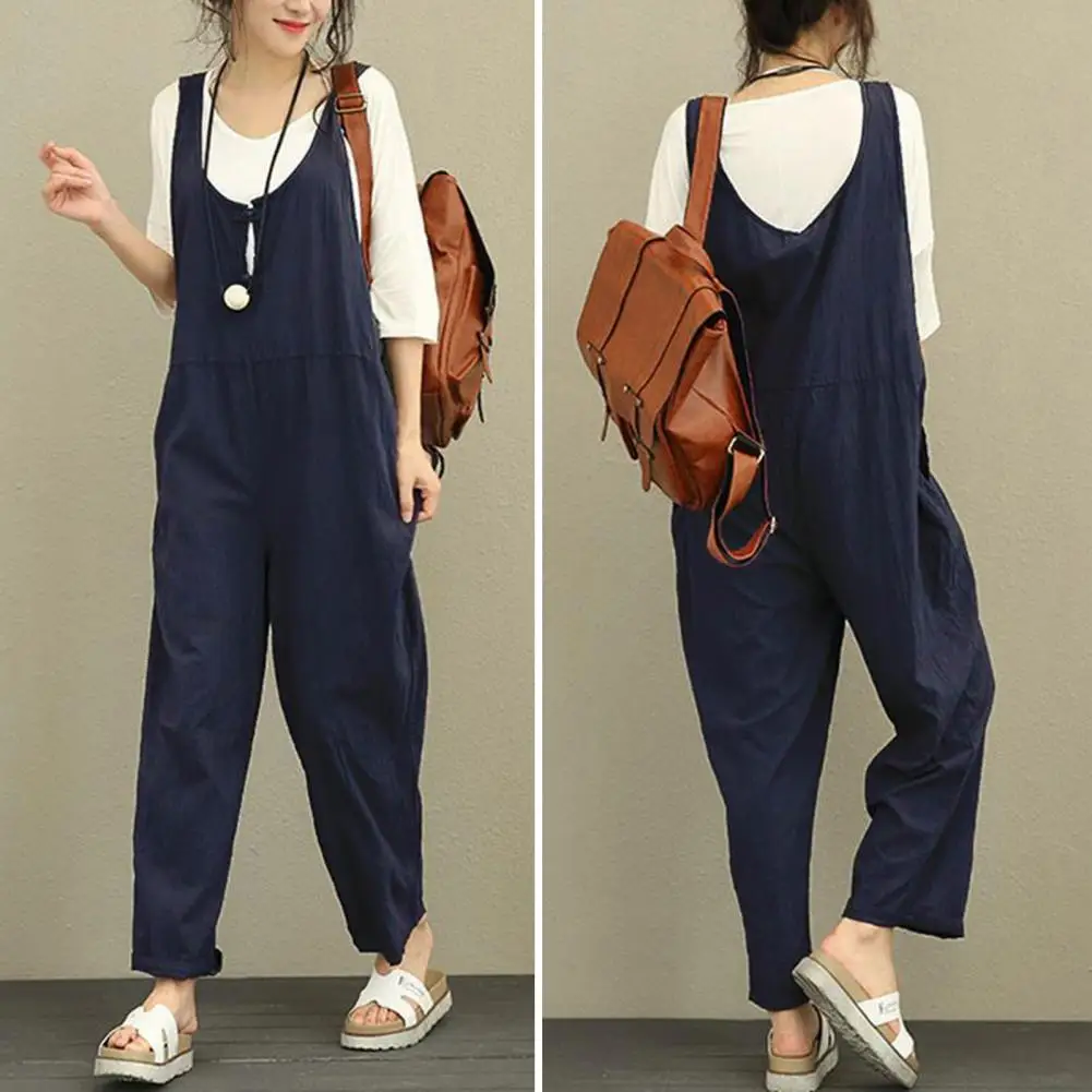 Jumpsuit musim panas bergaya wanita, Jumpsuit dengan leher U kaki lebar desain tanpa lengan warna Solid saku samping Pullover untuk A