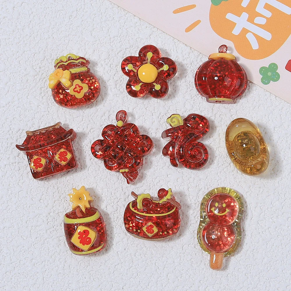 10pcs/lot Resin Red New Year Cabochons Vintage Chinese Knot Firecracker Fortunate Bag Ice Candy Ornament for Phone Case