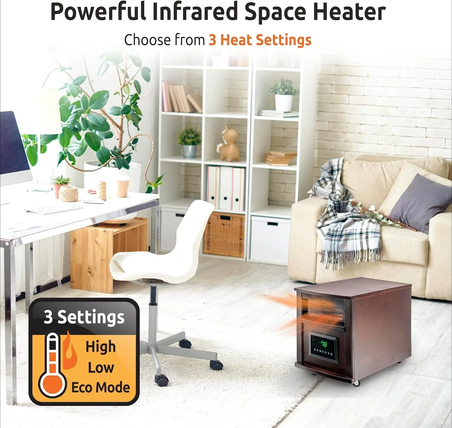 

1,500-Watt 18 inch Cabinet Space Heater with Remote Control, USB Charging Ports, Timer Function, Tip Over Switch