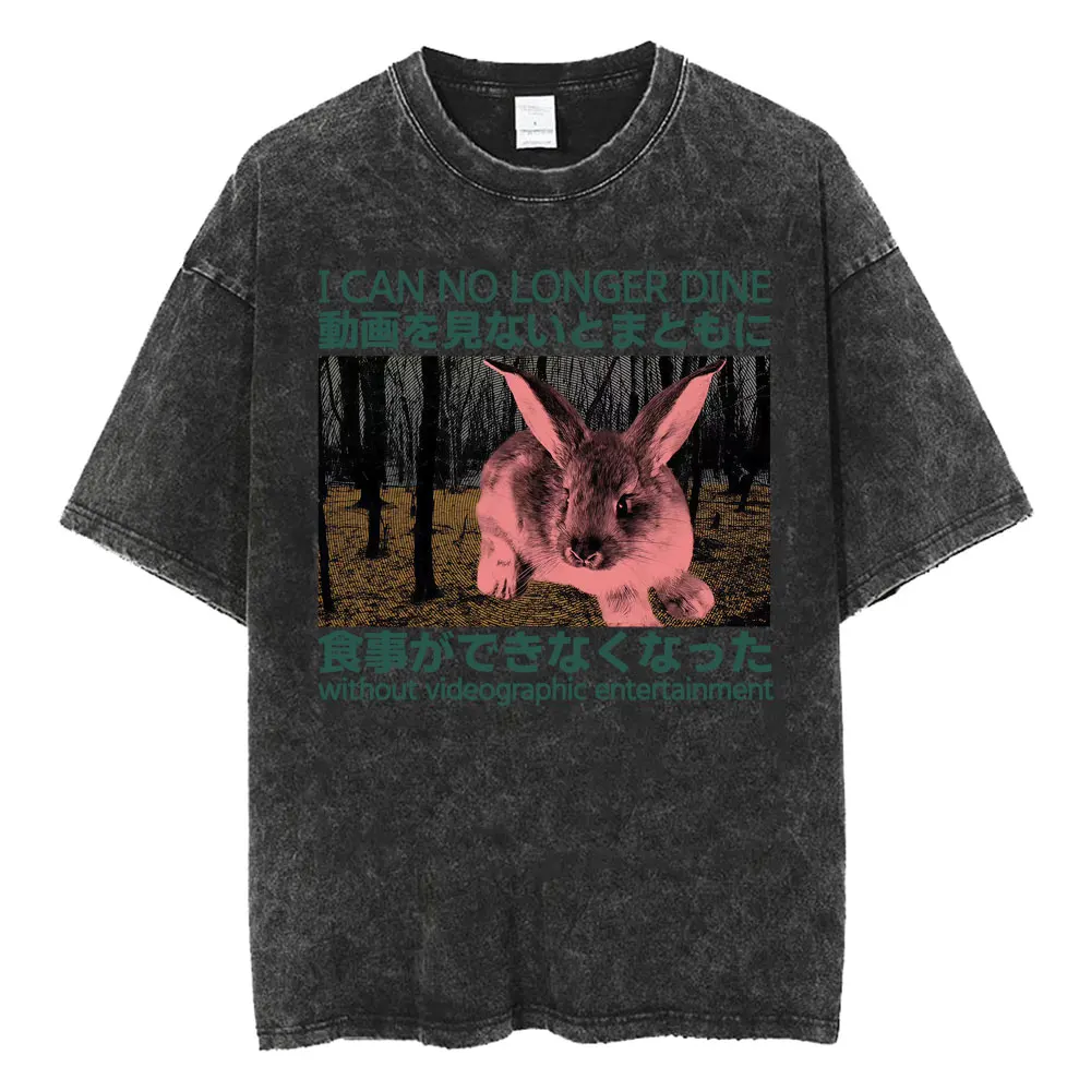 I Can No Longer Dine Japanese Horror Bunny Funny T-shirt Vintage Washed Meme T-shirts Men Women Fashion Casual Oversized T Shirt