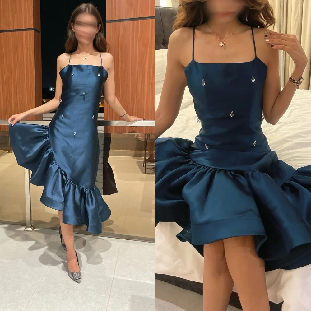 

Customized Mermaid and Asymmetrical Evening Dress Boat Neck Satin Spaghetti Straps Temperament Vestido De Noche Tassel Promdress