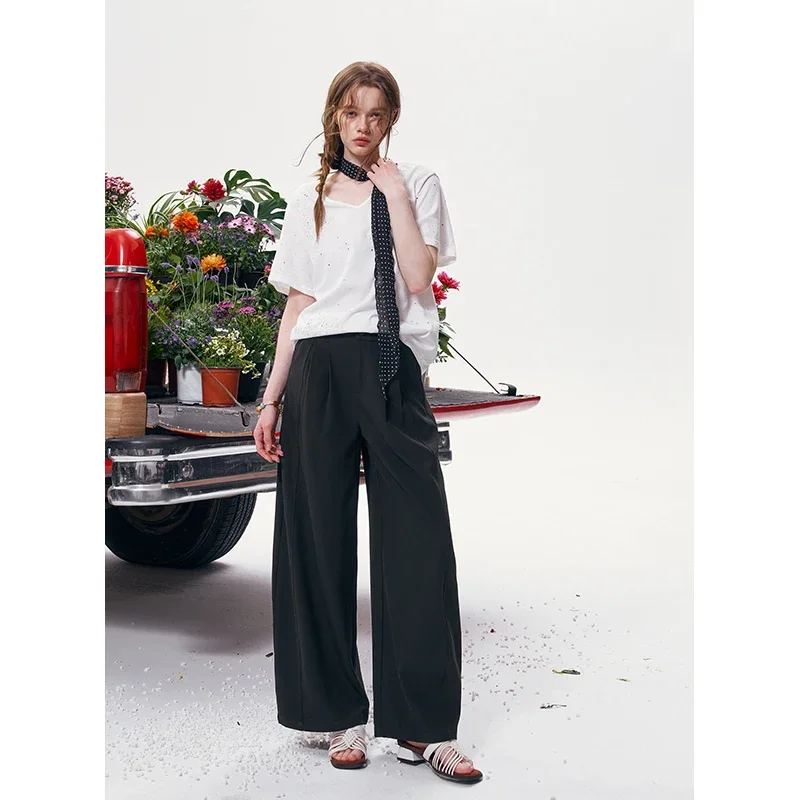 ELFSACK High Waist Pleated Wide Leg Trousers, Loose Palazzo Pants, Minimalist Casual Office Trousers for Women