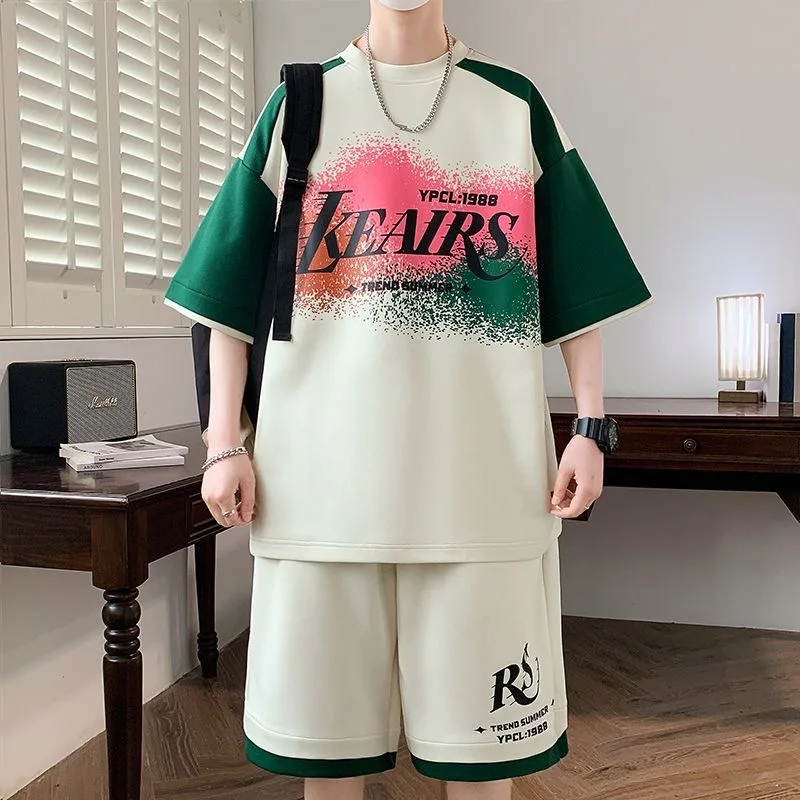 

Summer Trend Printed Sports Fitness Short-Sleeved T-shirt Set For Men Loose and Comfortable Breathable Large Size Two-Piece Set