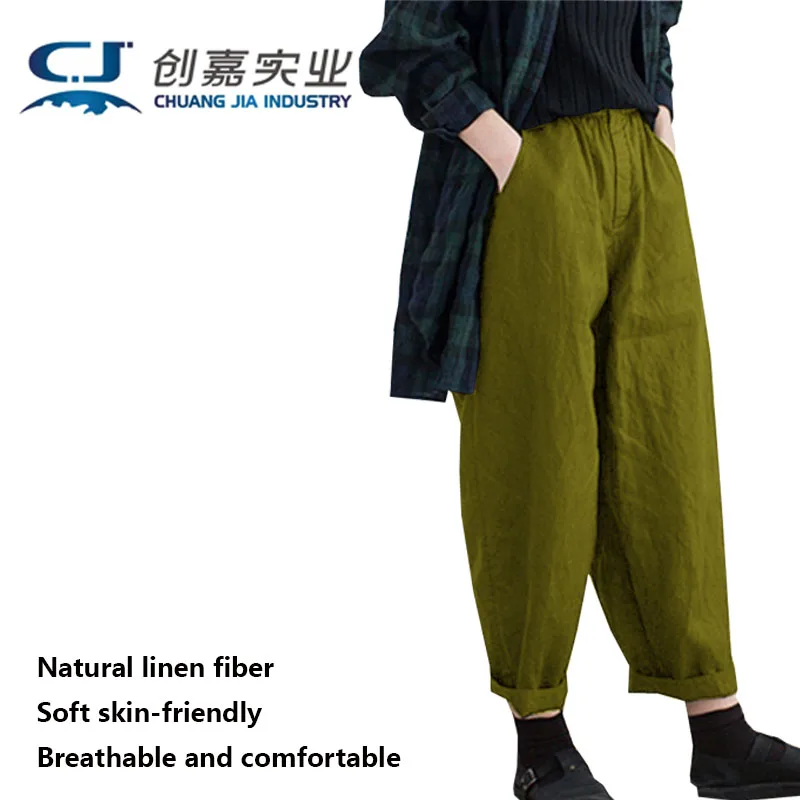 Linen Spring Autumn Lady Trousers Loose Casual Elastic Waist Black Breathable Moisture Absorbent Comfortable Large Size Pants