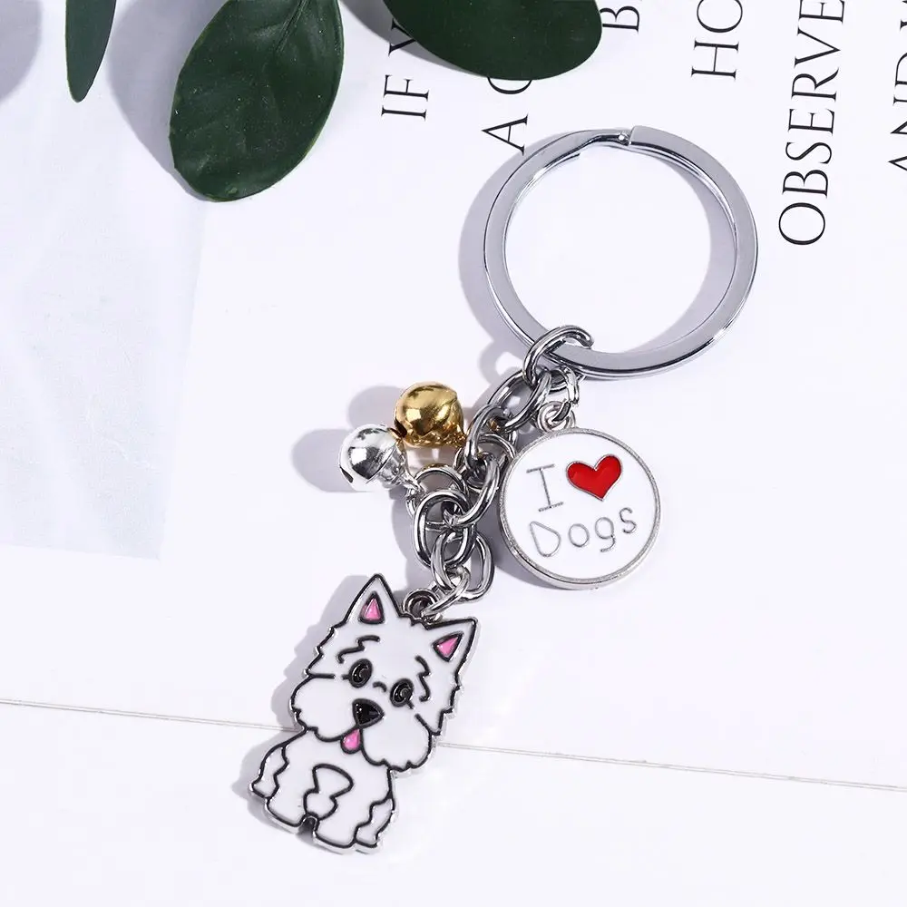 Fashion Pet Memorial Keychain Dog Pendant White Maltese Animal Bell Enamel Keyring Women Bag Jewelry Girls 1Piece