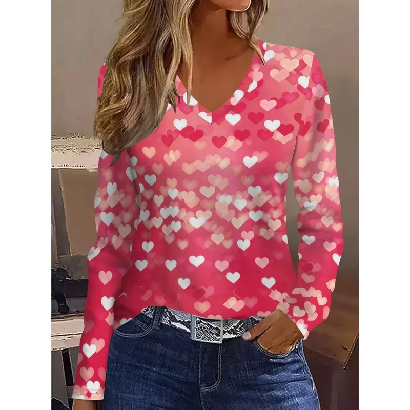 Plus Size Women's Valentine's Day T Shirt Abstract Painting Gradient Heart Print V Neck Long Sleeve Breathable Casual Elegant