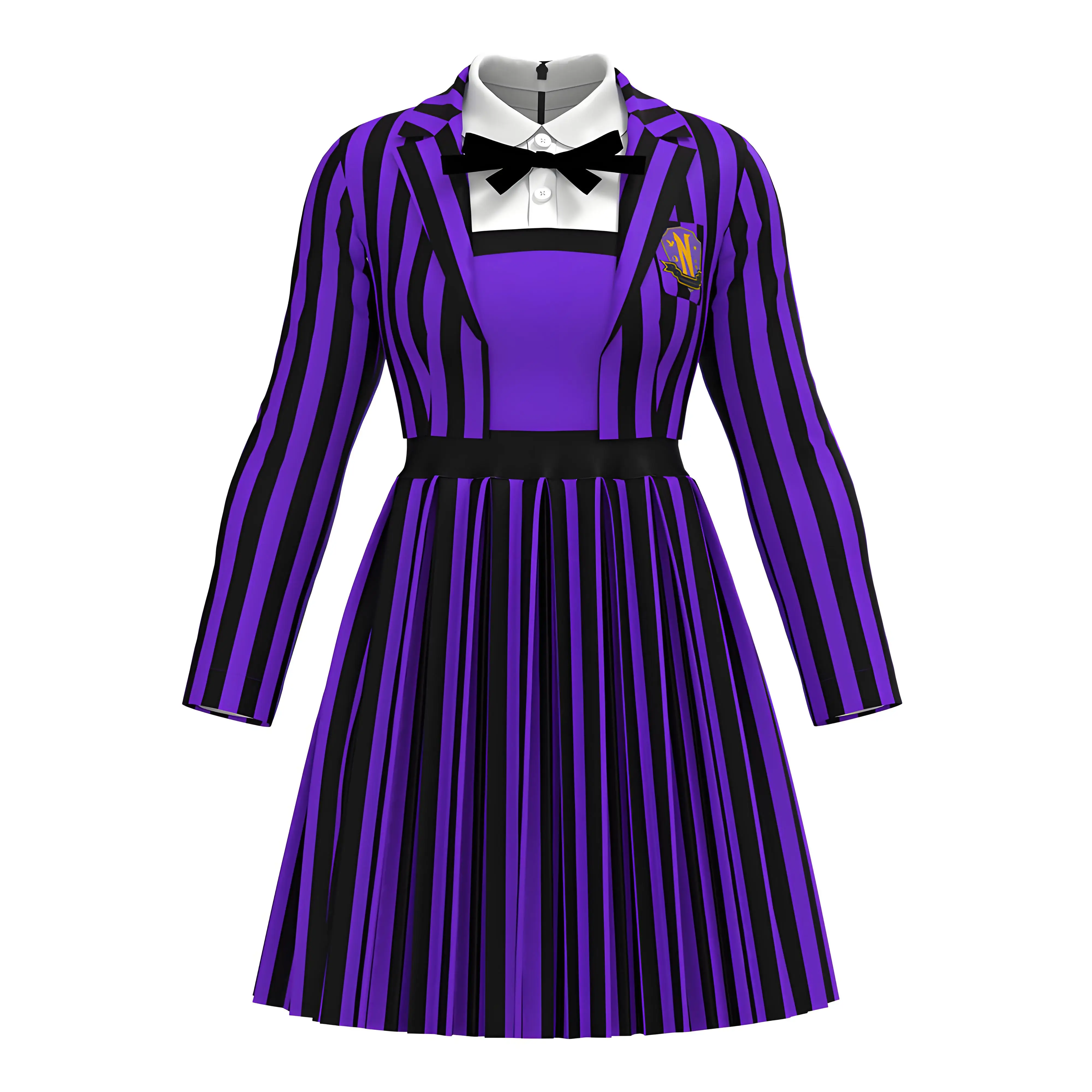 

Anime Season 2 Enid Sinclair Wolf Women Striped School Uniform Coat Dress Halloween Outfit Addams Family Cosplay Costume
