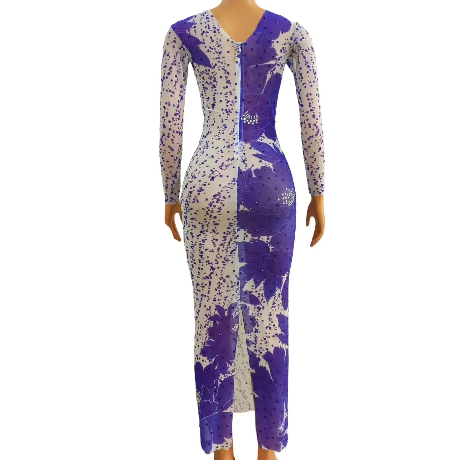 Ziganlan Women Round Neck Long Sleeve Purple Floral Print Rhinestone Sheer Mesh Bodycon Maxi Dress Cocktail Birthday Party Gown