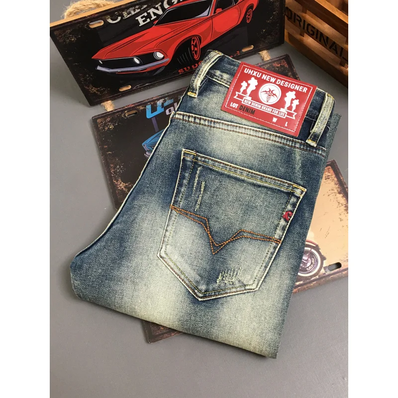 جينز أمريكي عتيق للرجال بنمط خريفي بقصة ضيقة وأنبوب مستقيم صغير اتجاه بسيط كشط 2025 سراويل ريترو جديدة #2