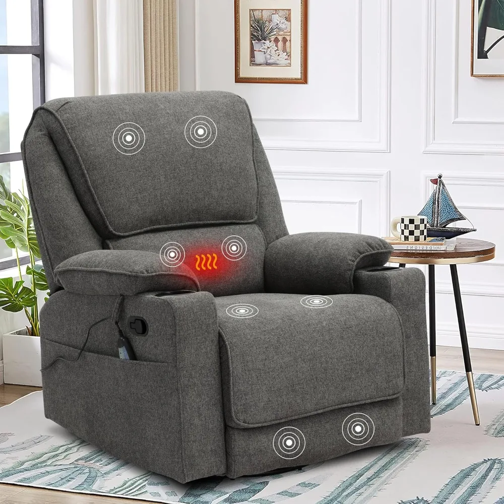 Recliner Chair Swivel Glider with Cup Holder, Recliners with Massage and Heating, Manual Reclining Chair with Footrest and 360