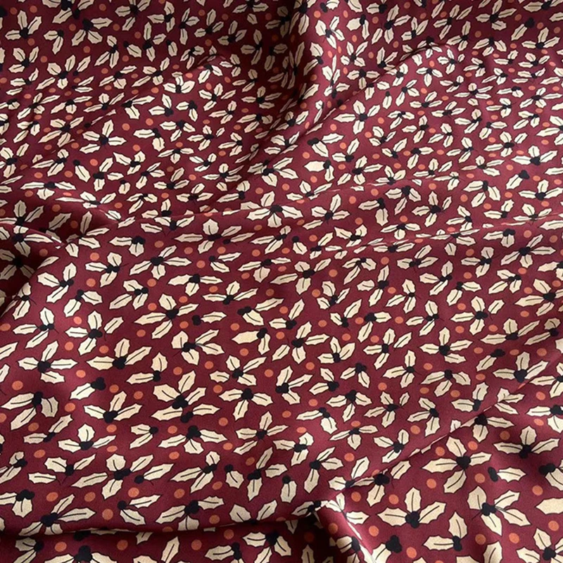 114CM Wide 16mm White Floral Printed Thin Dark Red Silk Crepe de Chine Fabric for DIY Sewing Comfortable Dress Pajamas C001-61