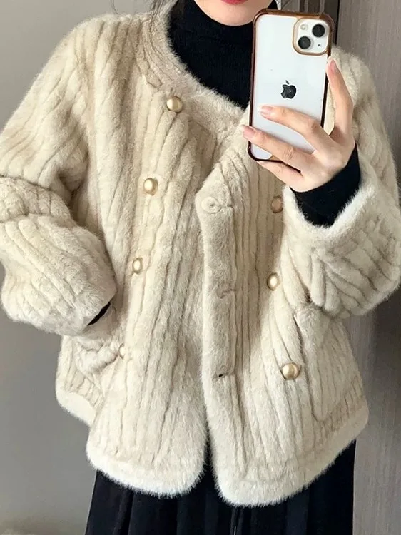 

Faionable ort Fem Jaet 2025 High-End Simulation Mink Fur Coat Inteated Skin And Fur Ele Sle Polyester Fiber