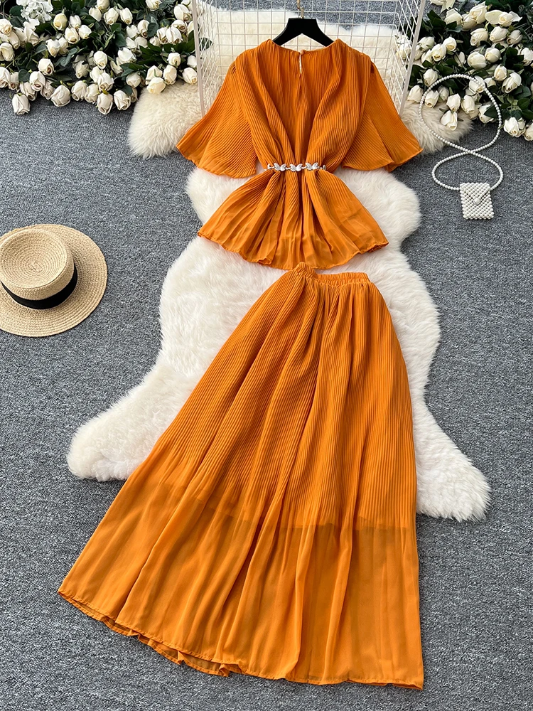 Summer New Women's Skirt Chiffon Two-piece Set Three-dimensional Flower Trumpet Sleeve Top+ Pleated Large Swing Skirt Set C259