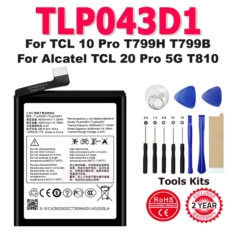 

4500mAh TLP043D1 TLP043D7 New Battery for TCL 10 Pro T799H T799B For Alcatel TCL 20 PRO 5G T810 T799 T782 T810S T810H+tools