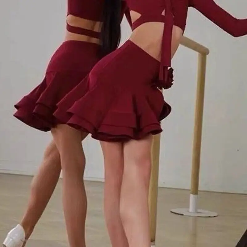 

Girls Latin Dance Skirt Set - Off-Shoulder Long Sleeve Crop Top & Ruffled Skirt for Cha-Cha, Samba Performances & Competitions