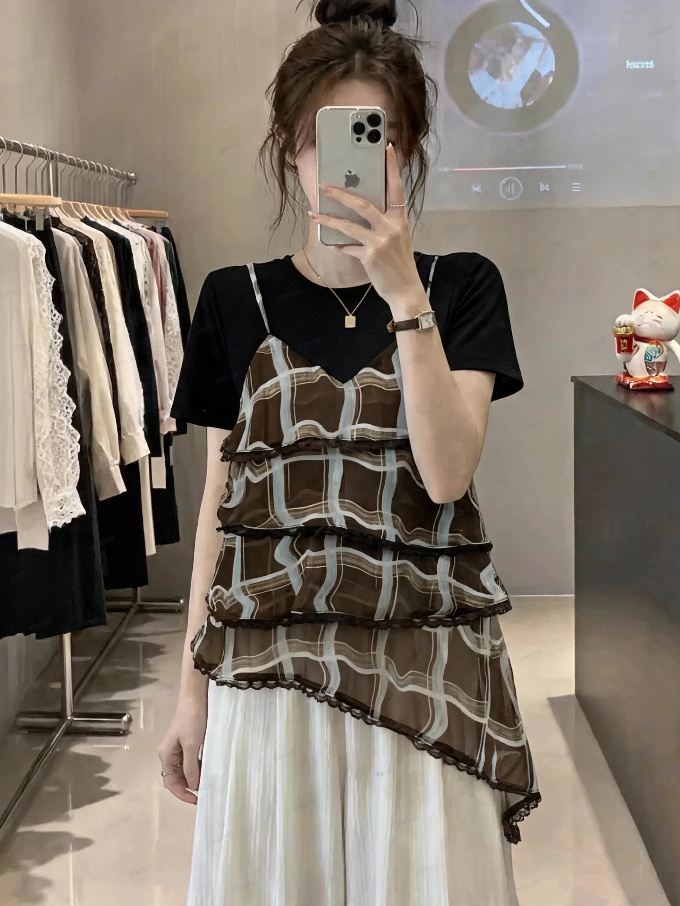 Slimming Plaid Patchwork Short Sleeve T-Shirt Women's Base Shirt Summer New Large Size Fat MM Irregular Top Korean Style Commute