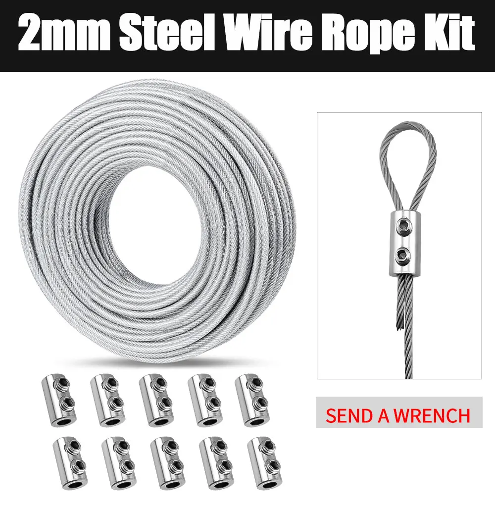 10/20 m 2 mm Edelstahl-Drahtseil-Set mit PVC-Beschichtung und Kabelklemme für Wäscheleine, Gartengeländer, Außenzaun usw – Detail 7