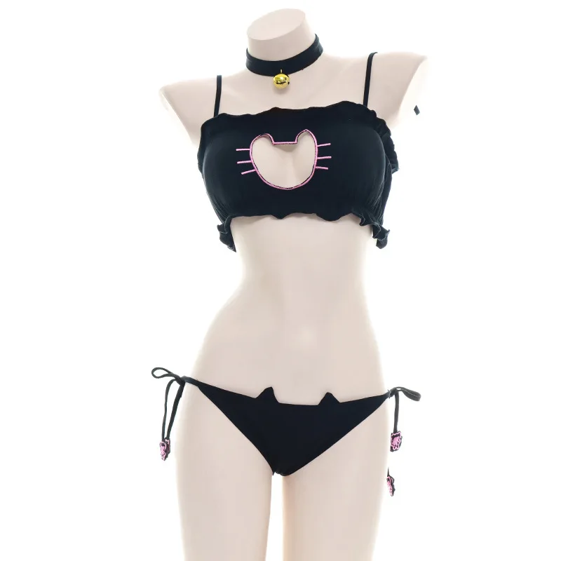 Conjunto de sujetador y bragas de Cosplay para chica gato de Anime japonés, lencería Sexy para mujer, ropa interior íntima Kawaii Lolita, ropa de dormir calada para gatito