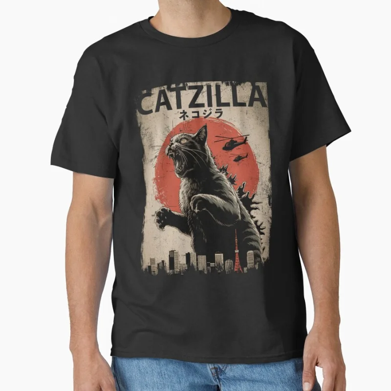 

Catzilla Nekojira Black Cat Kaiju Retro Rampage Japanese Art Monster Anime movie gift T shirt for cat lover Large size Tops