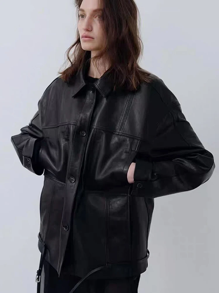 London plat femmes ort cuir Jaet ceinturé minceur trajet décontracté vêtements de travail manteau coupe ample Long col Sve